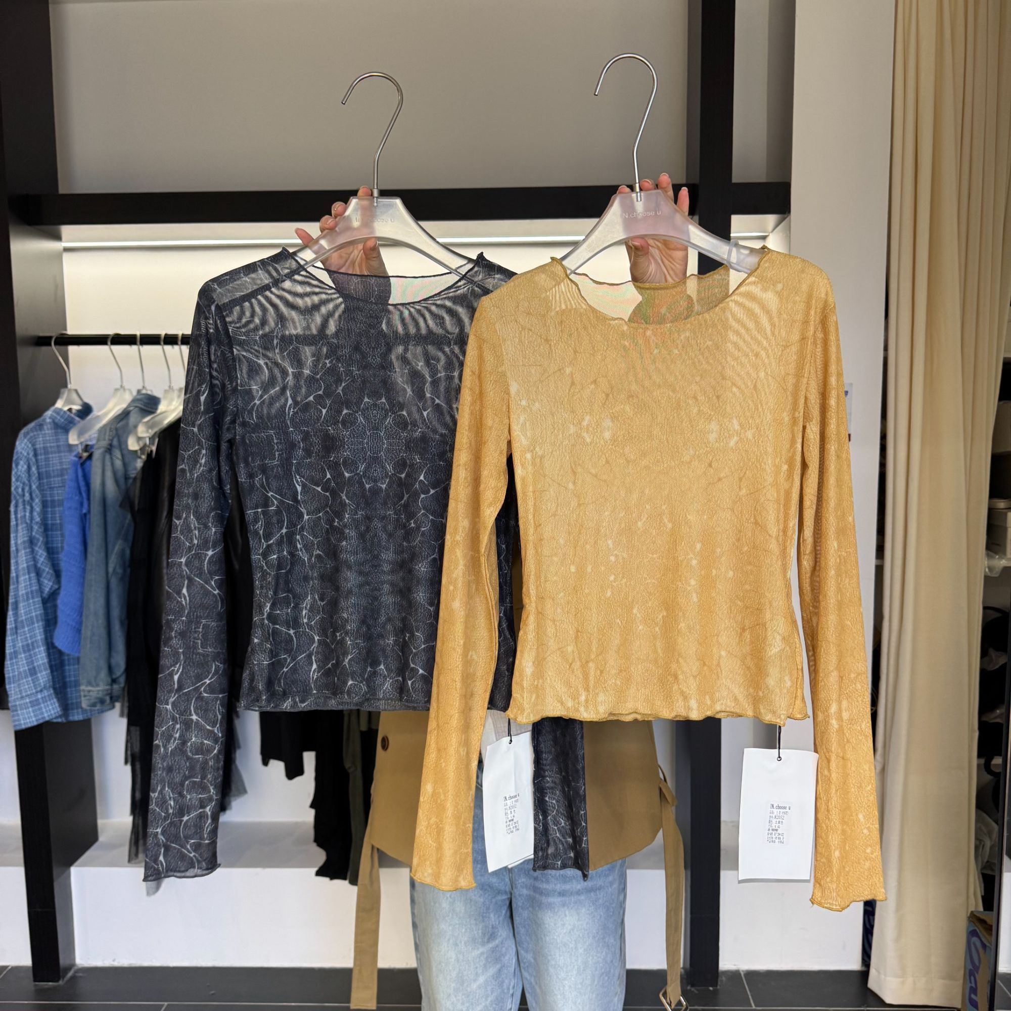 【清】IN choose u笑笑家2025秋季设计感印花网纱上衣女打底衫82052