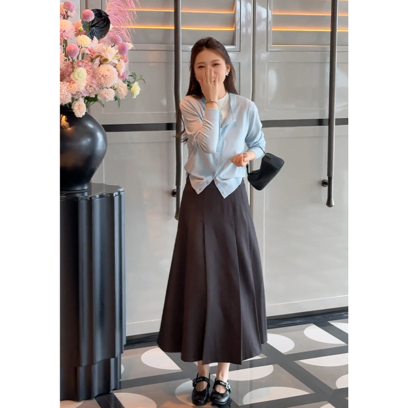 2025早秋新款女韩系穿搭修身百搭长袖开衫气质高腰显瘦A字半身裙