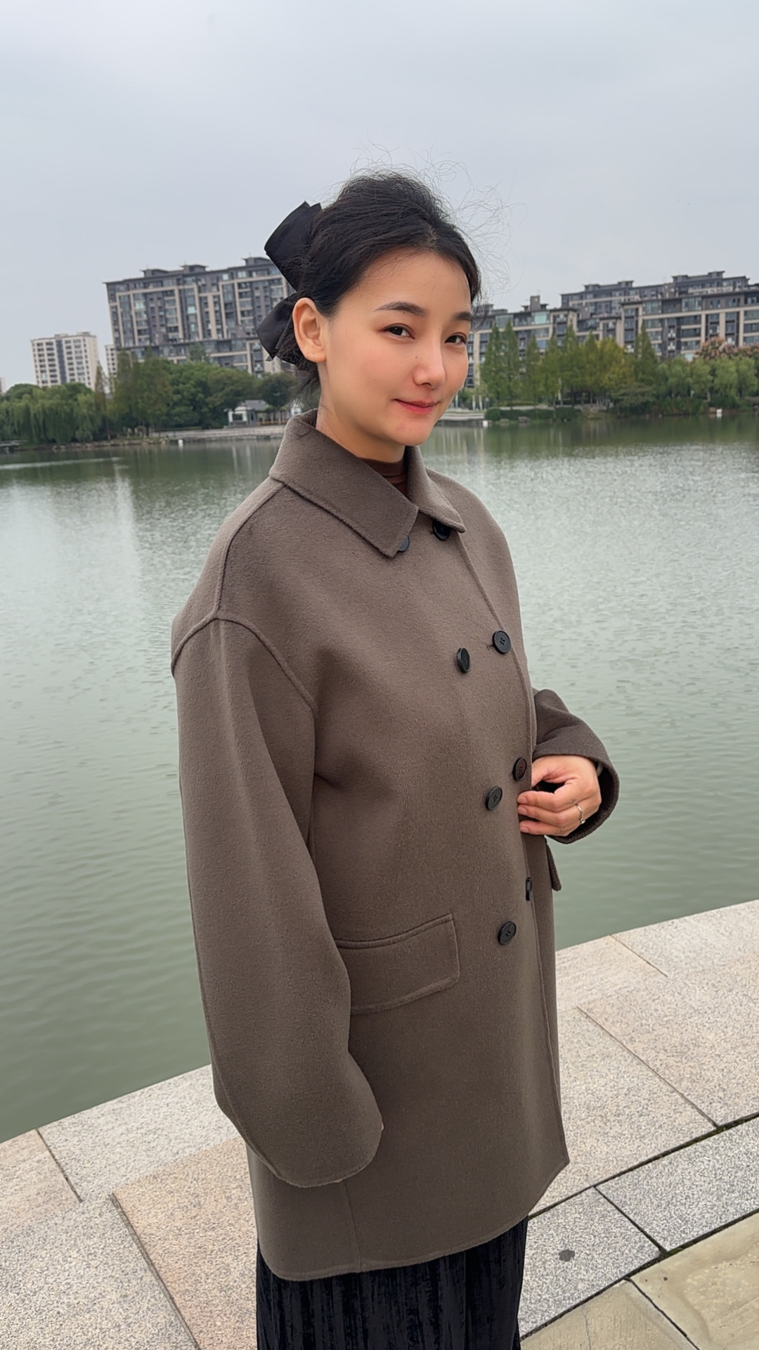 休闲风秋冬中长款女长款毛呢外套翻领韩版外套呢大衣