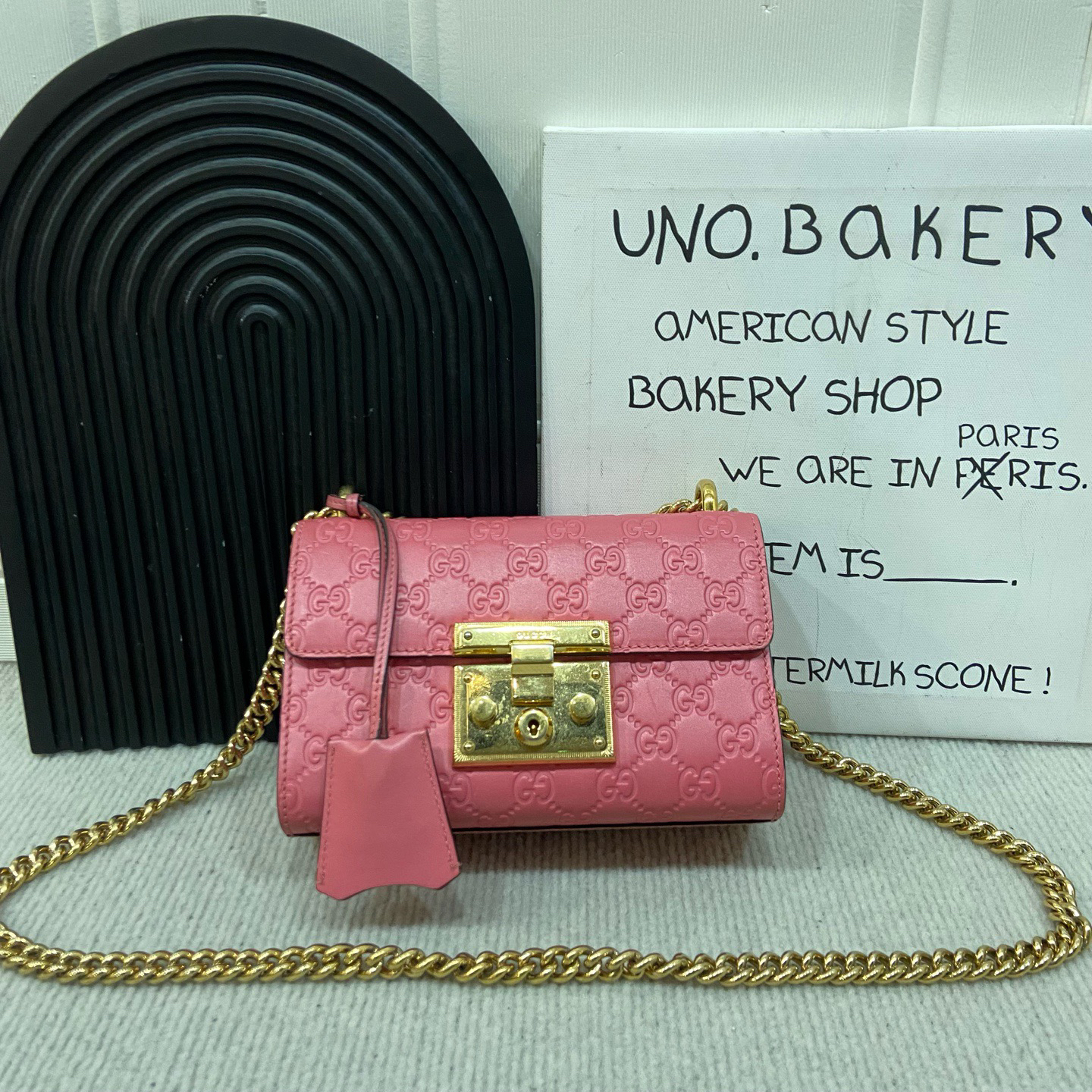 95新 GUCCI/古驰 padlock糖果色 小号粉色金扣老花