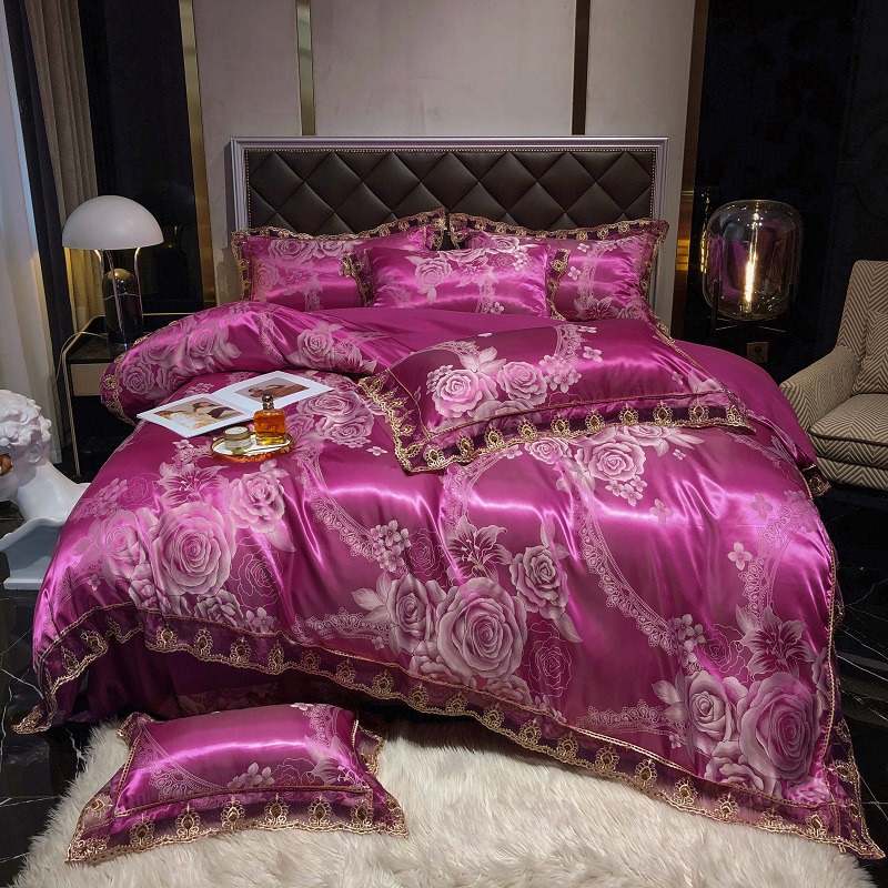 欧式哥伦比亚设计师款贡缎提花高档蕾丝花边款四件套