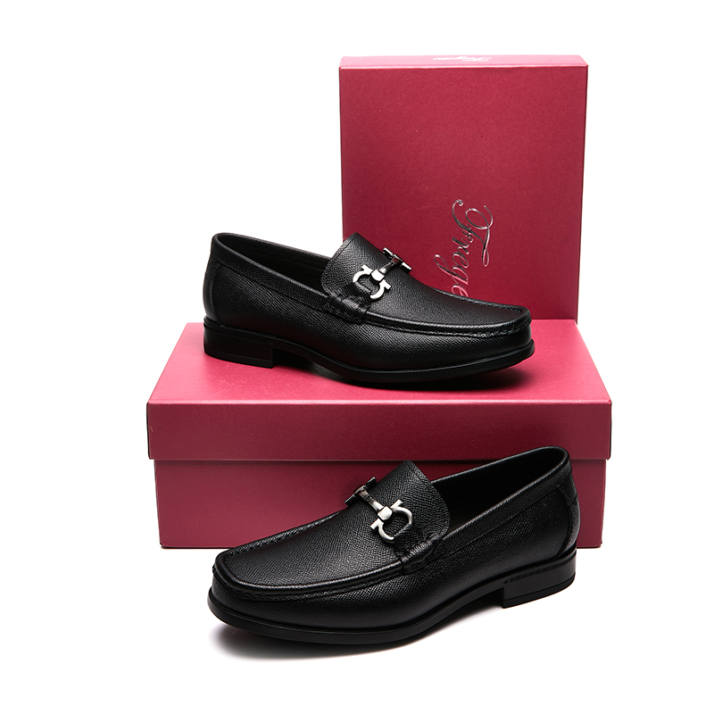 欧洲站马衔扣男鞋一脚蹬十字纹商务休闲皮鞋真皮潮流乐福鞋莫卡辛