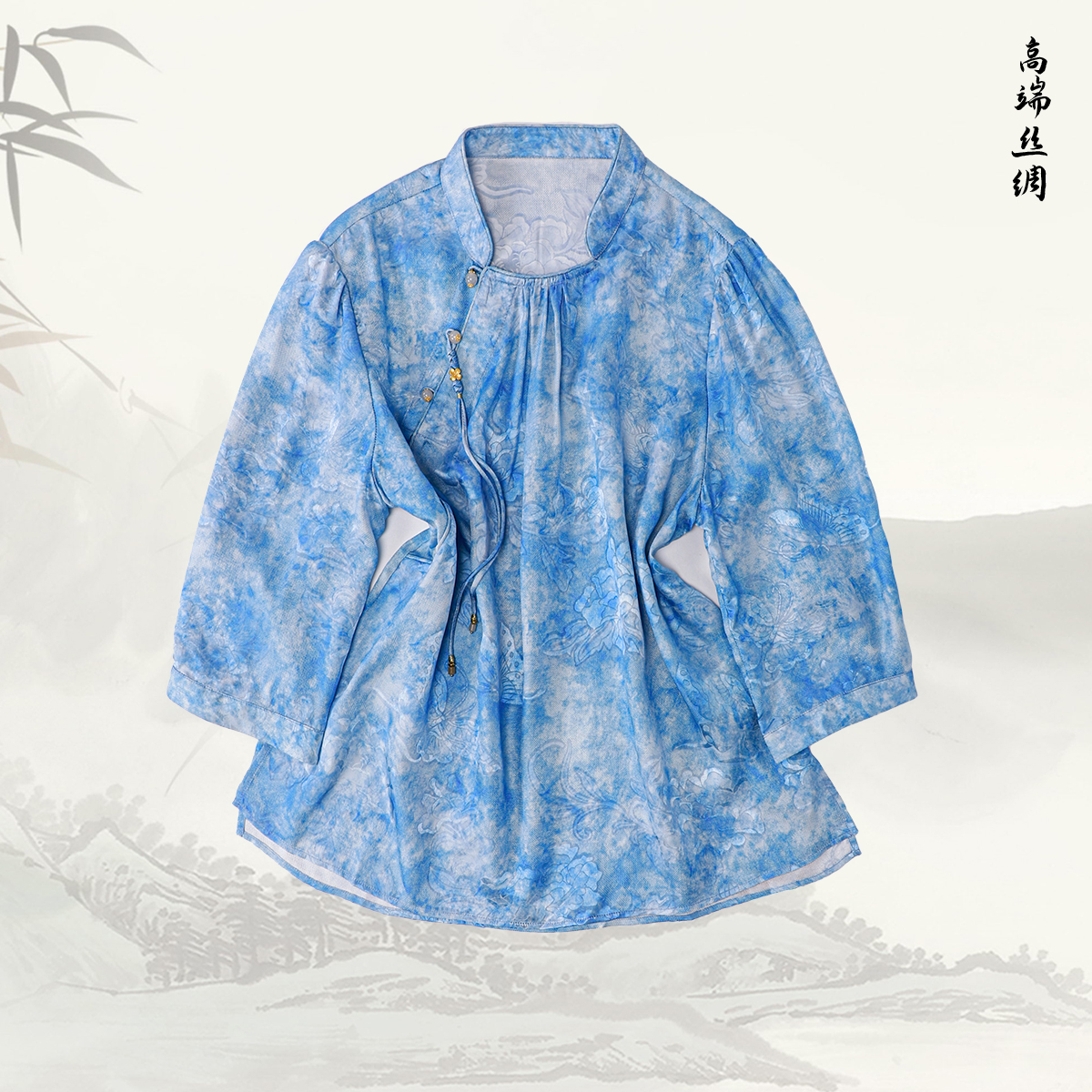 【 纤凝】品牌新款桑蚕丝国风盘扣中袖立领上衣519055