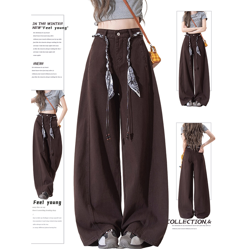 【送腰绳】美式复古咖色弯刀牛仔裤女秋季高腰宽松阔腿拖地镰刀裤子