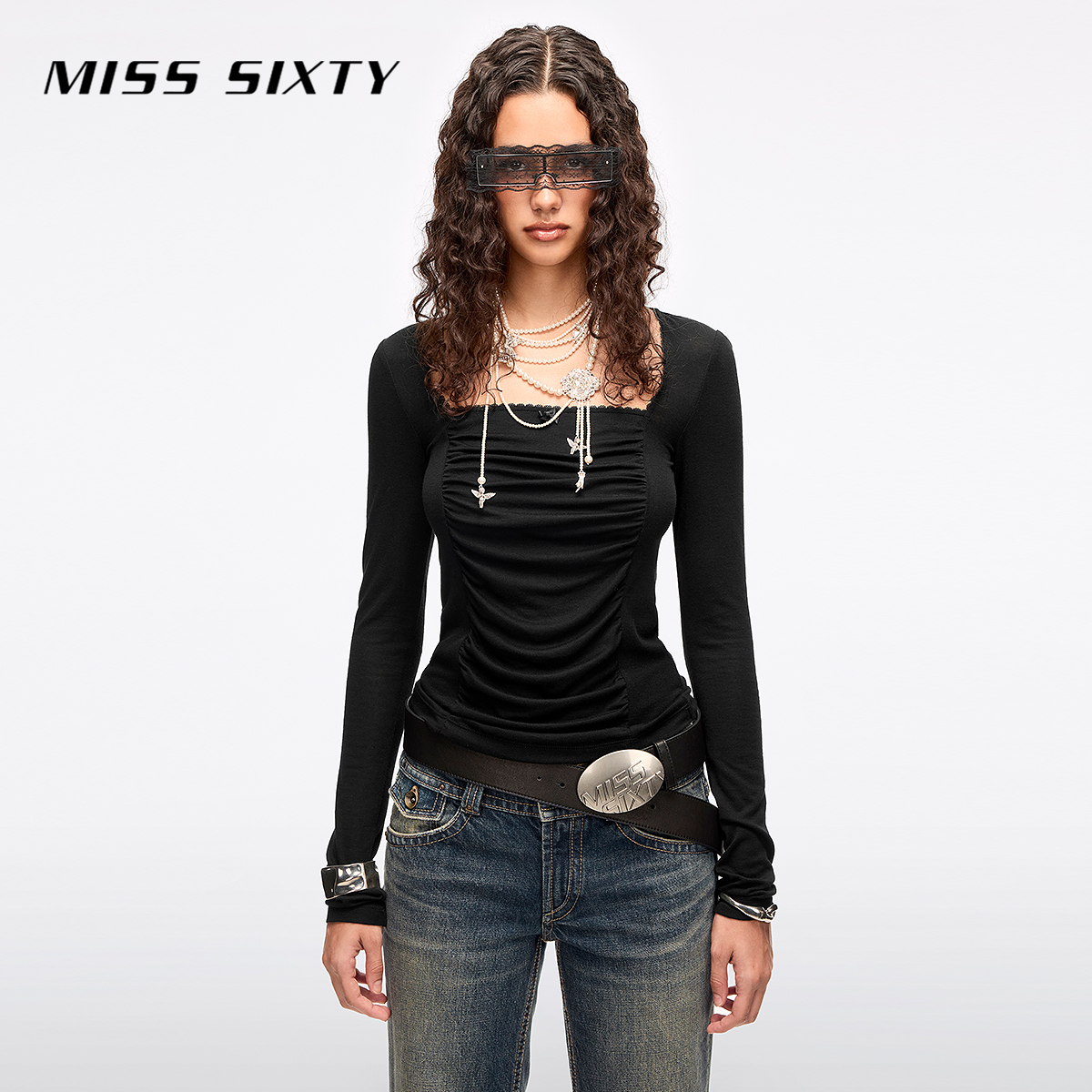 Miss Sixty2026春季新款T恤女含莱赛尔羊毛法式方领褶皱气质上衣