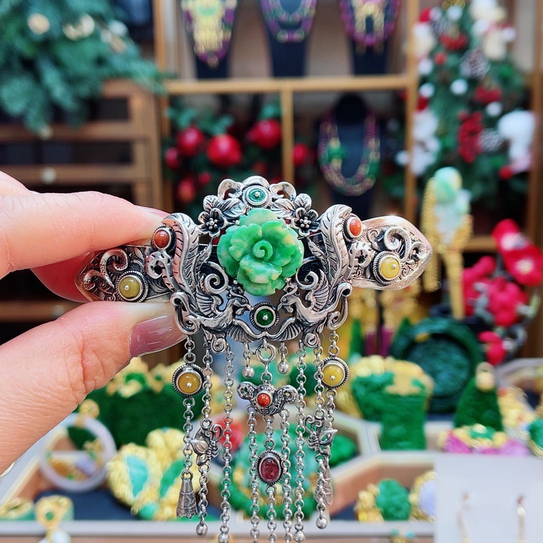 颈饰银S925镶嵌翡翠发夹吊坠两用款