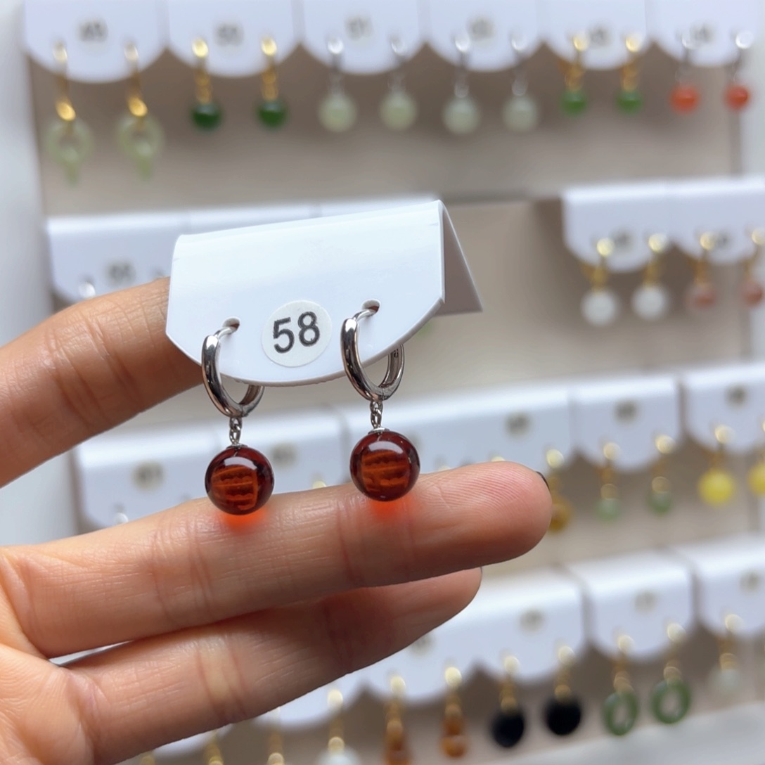 琥珀耳饰银S925镶嵌血珀