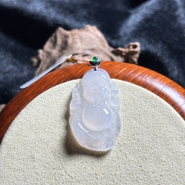 天然缅甸A货翡翠18K金镶嵌冰种白冰财神爷吊坠尺寸37*19.5*5.8