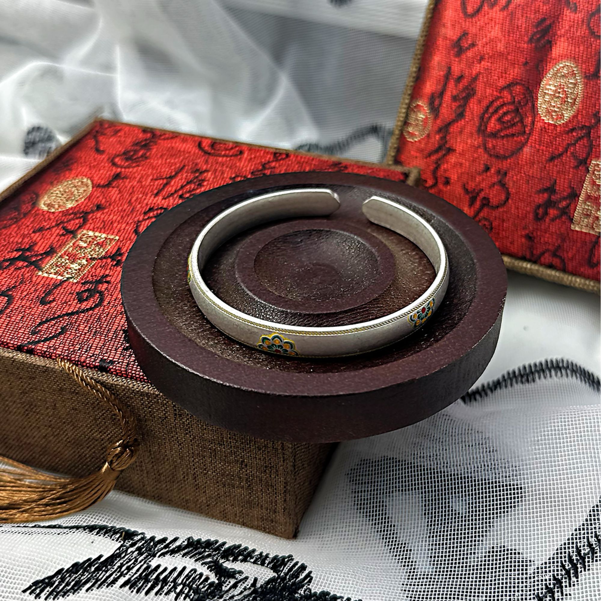 足银手镯 S190 珐琅五朵宝相花手镯经典百搭手工时尚复古