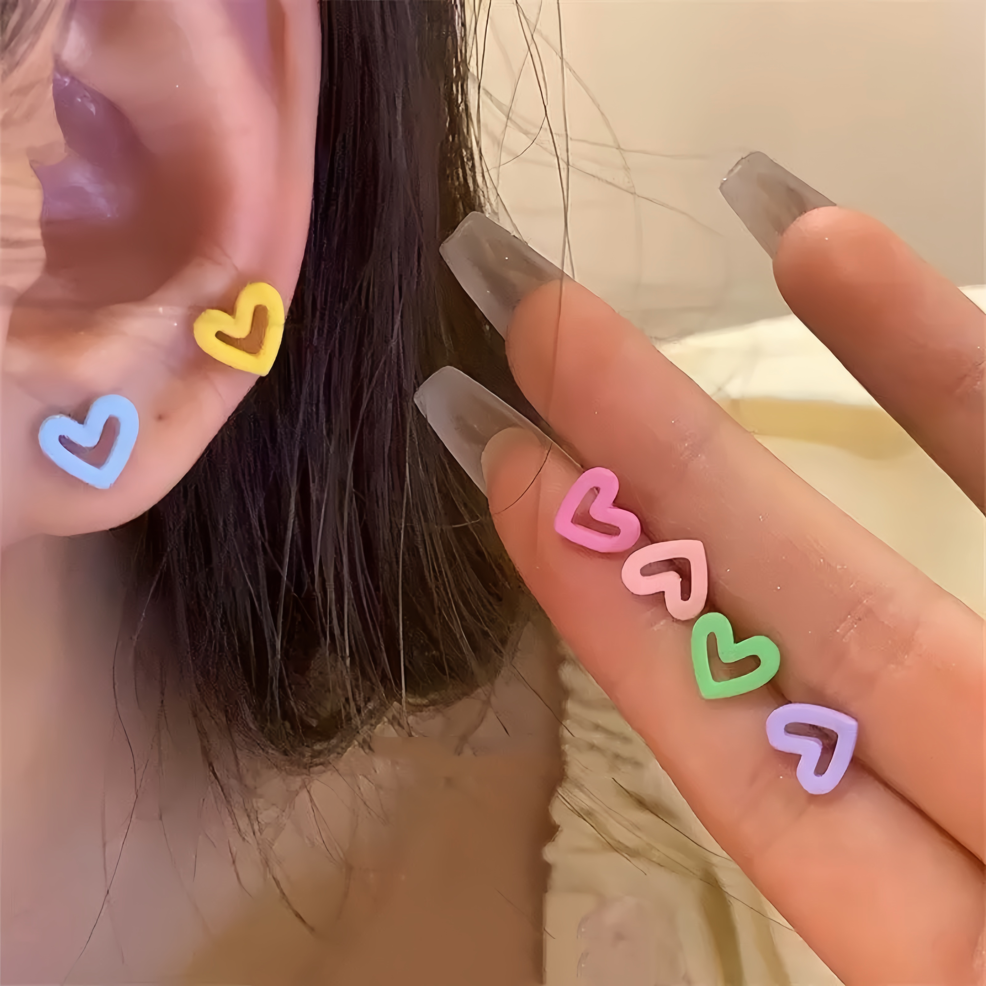 合金耳饰 6支套装~多巴胺小众ins甜美夏天爱心元素彩色耳钉耳饰