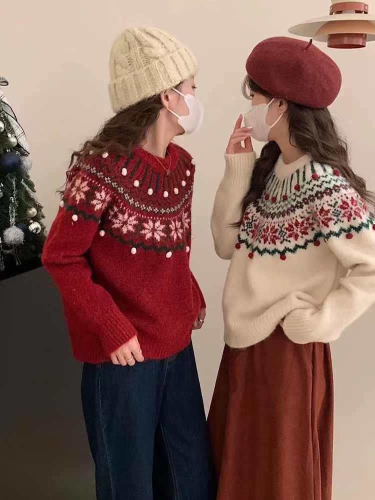 复古提花圣诞费尔岛毛衣女套头宽松秋冬季厚款慵懒风软糯针织上衣