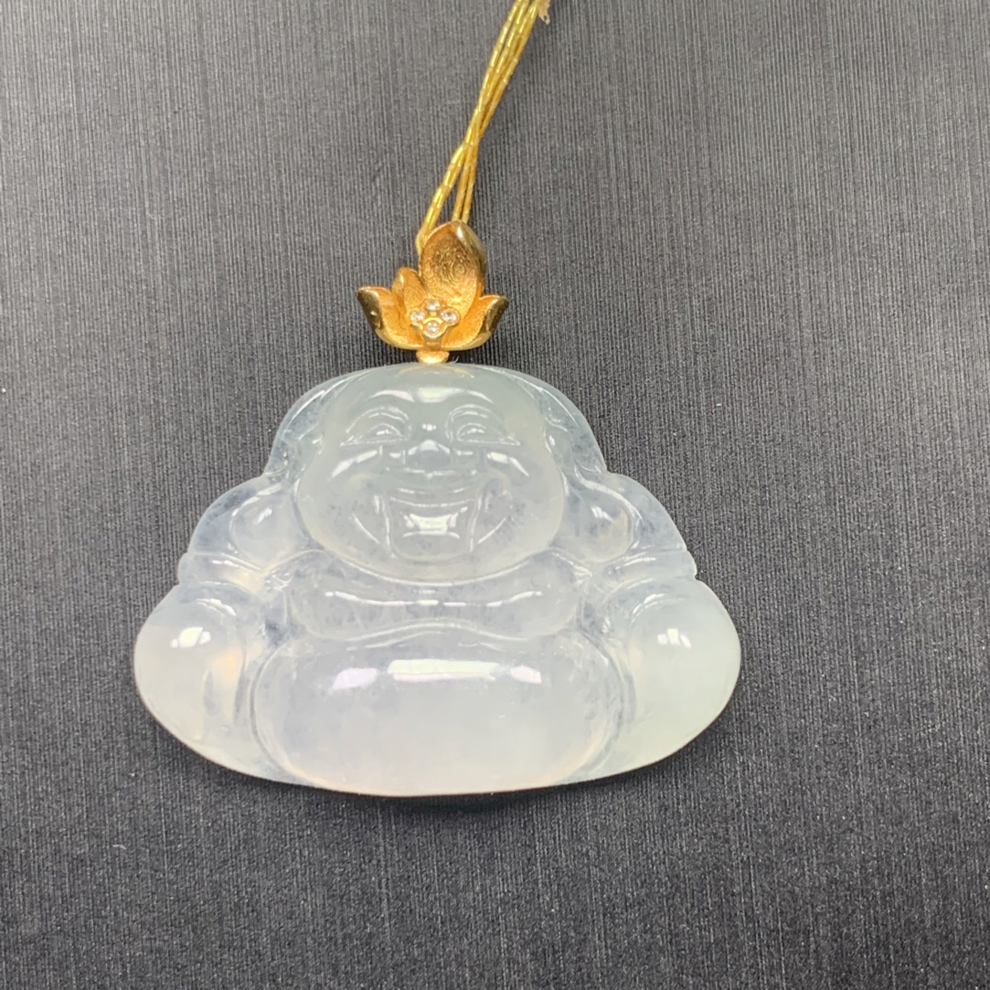 天然缅甸翡翠A货 18k金镶嵌冰润起胶佛公