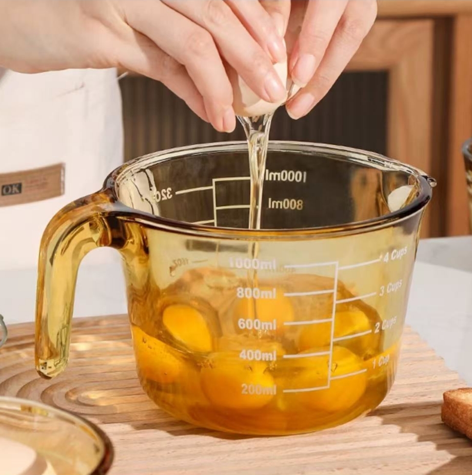 琥珀色带刻度牛奶杯耐热玻璃杯子微波炉加热儿童早餐杯烘焙量杯