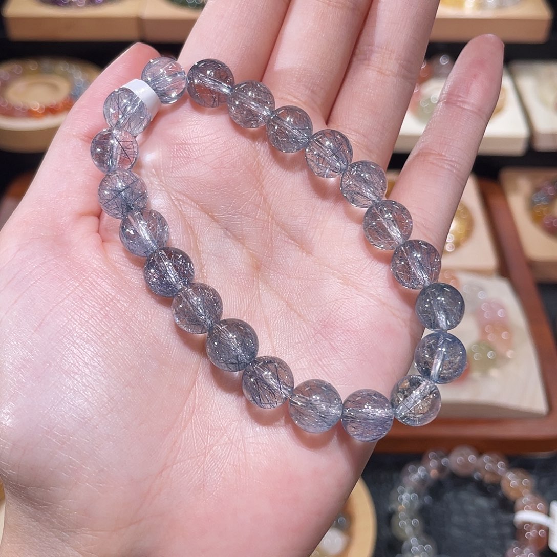 水晶手链未镶嵌蓝钢丝手链，晶体通透9