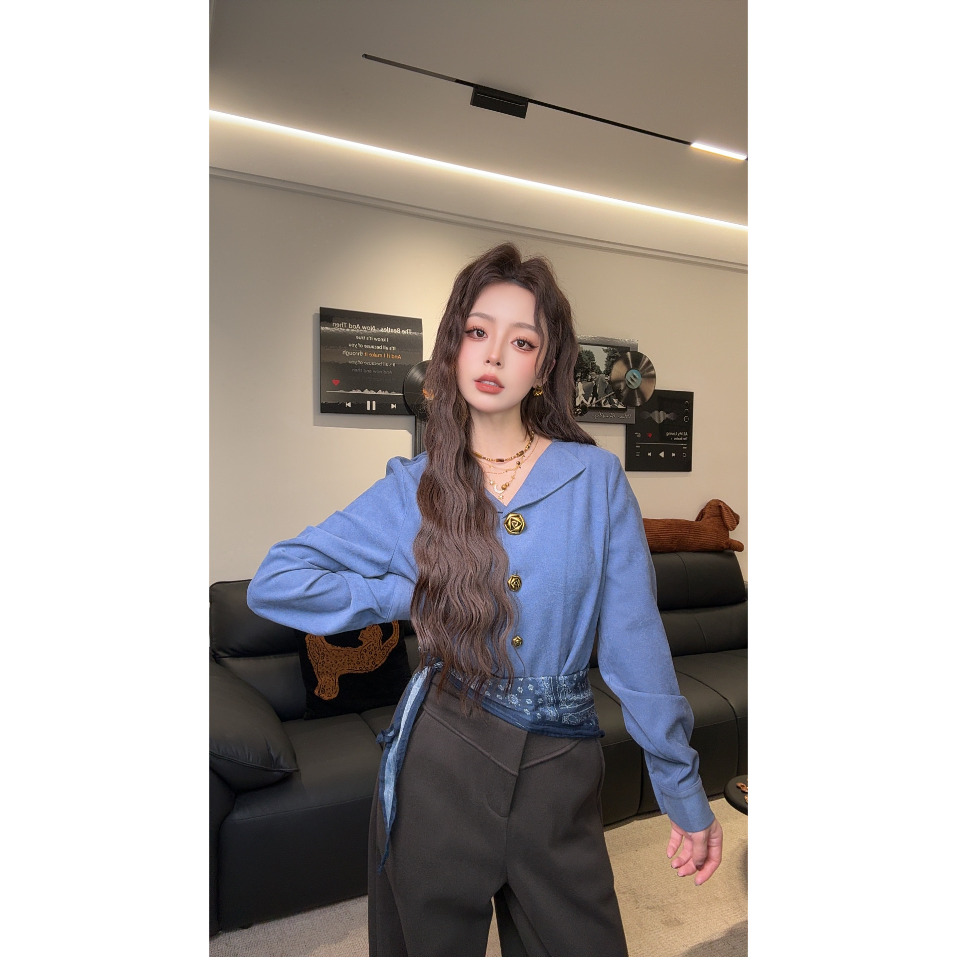 十一专属【梦里行舟】港味复古时尚气质设计感长袖上衣03179