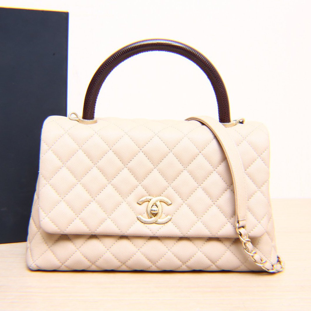 95新 Chanel/香奈儿 【小花念念】Coco Handle 中号 奶茶色 29开包