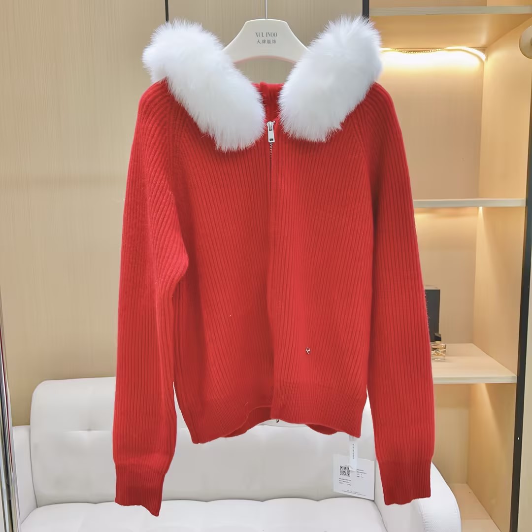 丨秋冬新款红色连帽毛领宽松百搭拉链针织开衫  6228