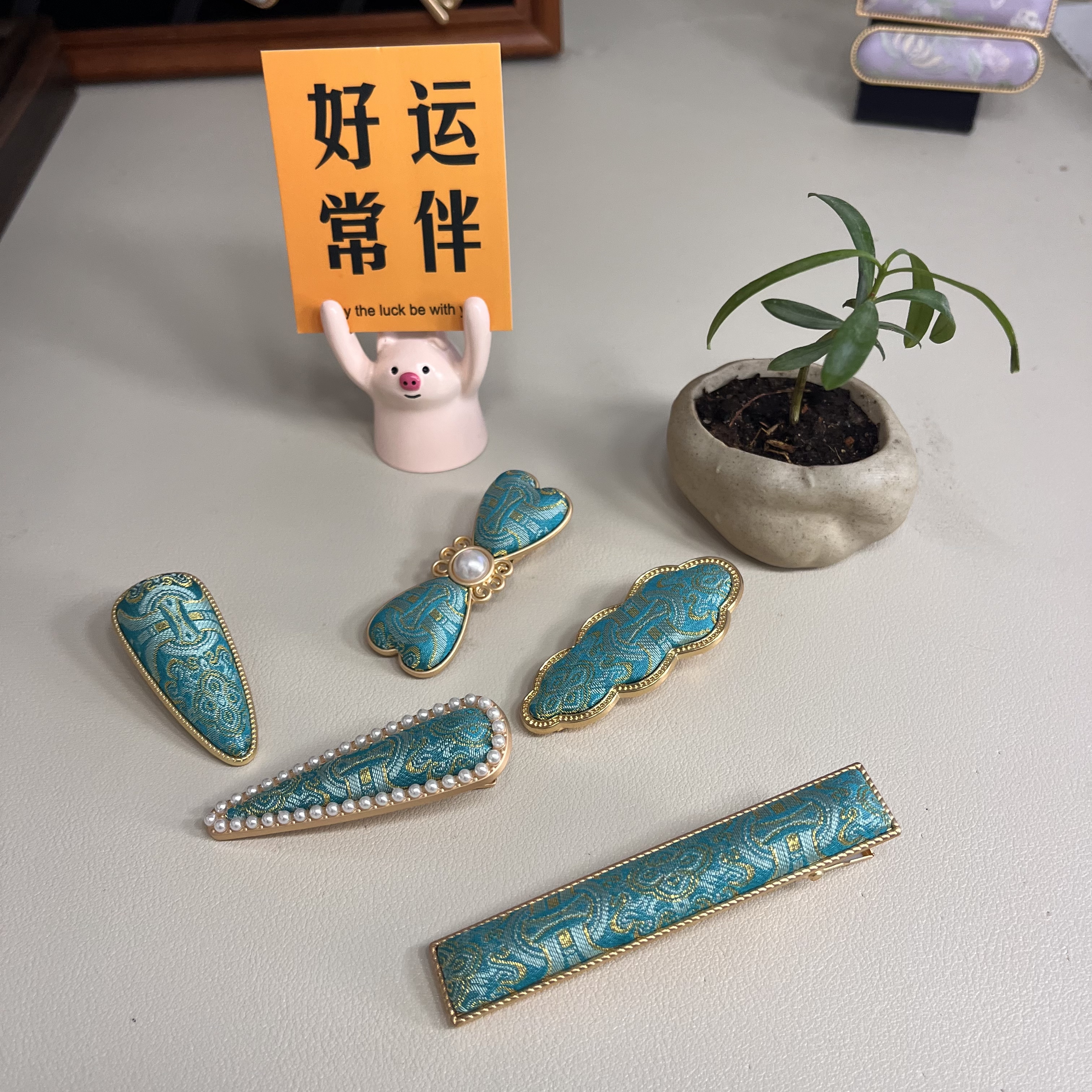非遗宋锦发夹发卡纯手工定胜纹松石绿国风复古汉服旗袍配饰边夹