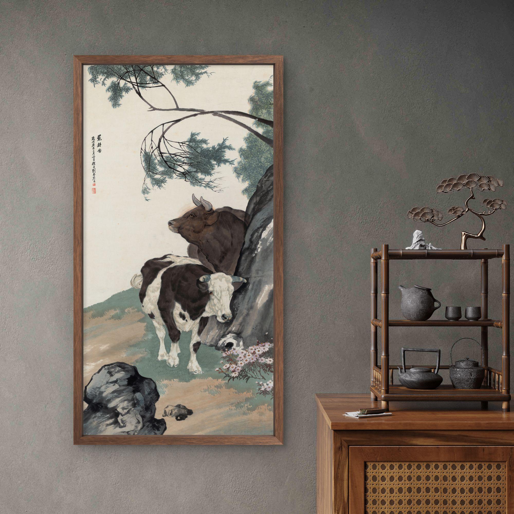 036-35*68双牛图中式装饰画木框玄关书房茶室客厅挂画