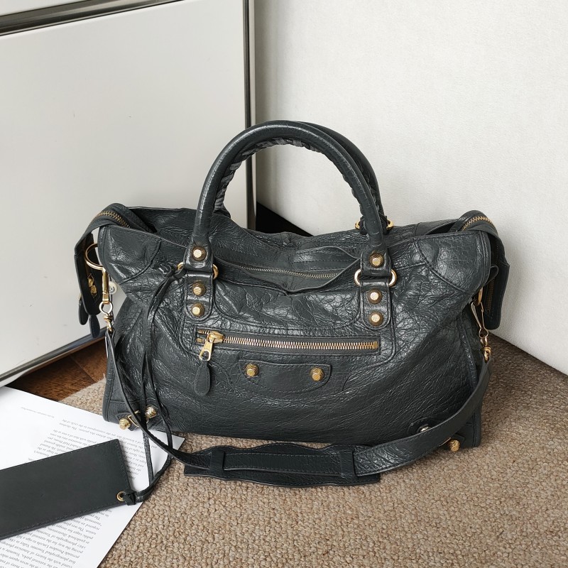95新 Balenciaga/巴黎世家 Azul深灰色油蜡皮机车中号单肩包53600