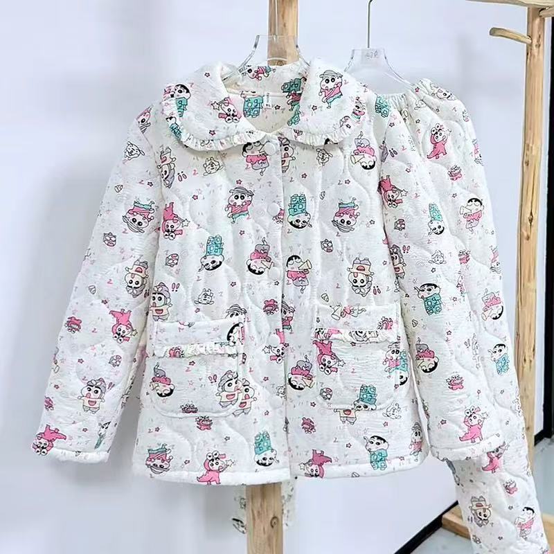 新款睡衣女款冬季三层夹棉加厚家居服套装