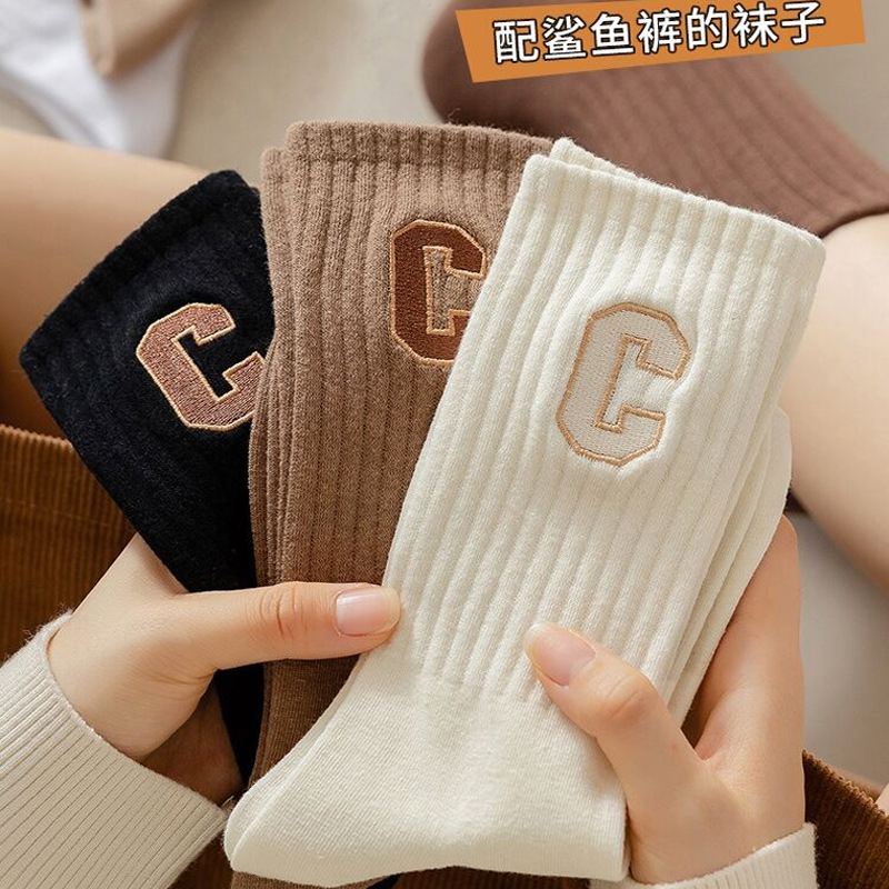 秋冬袜子女夏中筒袜C字母袜棉高筒堆堆袜长筒运动袜