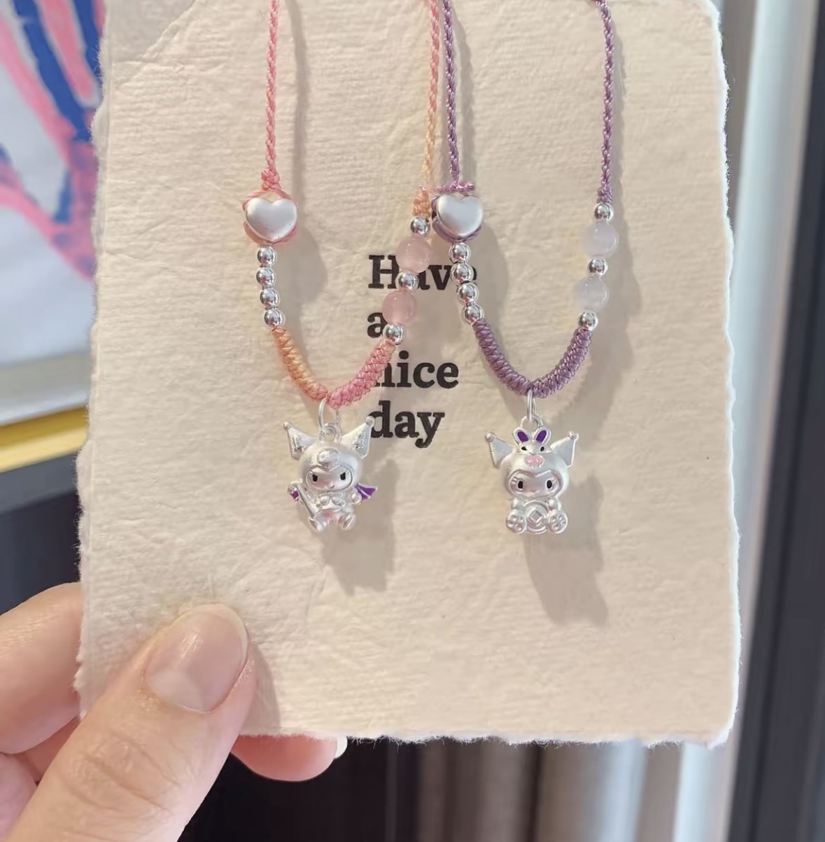 吊坠足银 足银999库洛米背熊款吊坠手工编织项链可调节美少女送礼