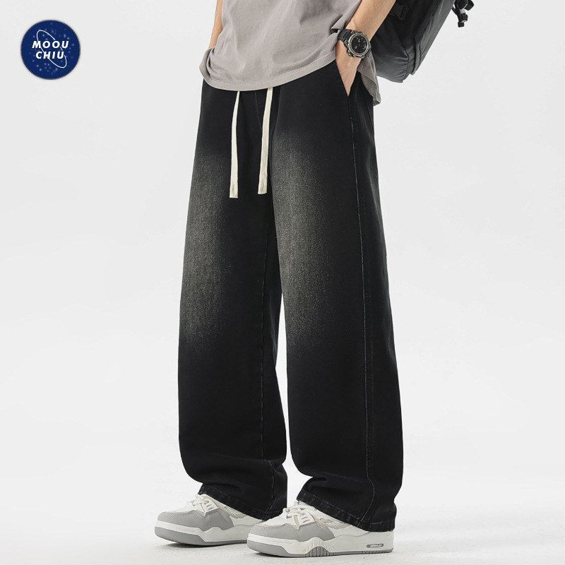 男装∣美式高街磨白阔腿牛仔裤男cleanfit潮牌宽松直筒长裤子百搭