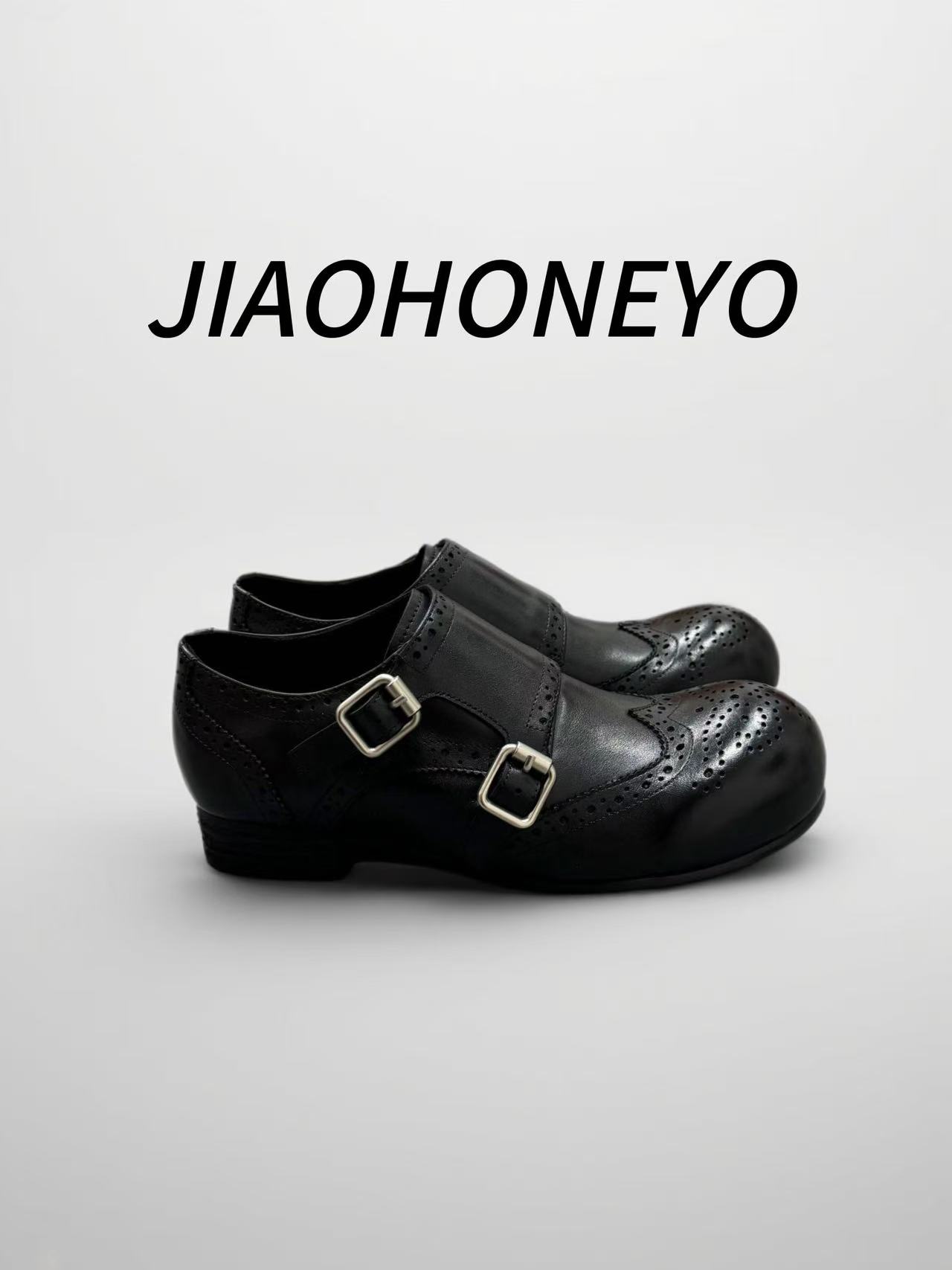 学院风方头朋克风雕花套筒单鞋英伦风牛津鞋黑色潮流