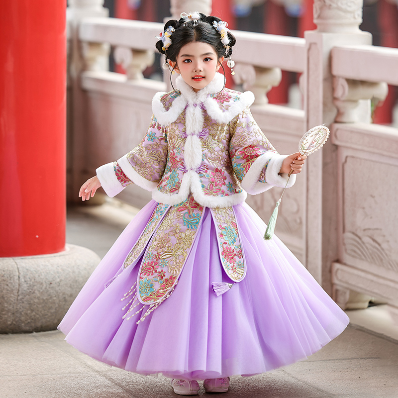  女童汉服套装冬季新款唐装小女孩古风加绒加厚套装中国风拜年服