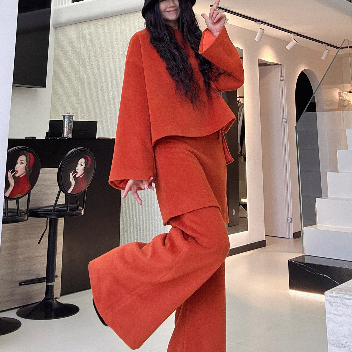 【周周家】高级定制款橘色时尚休闲单面羊绒设计款套装