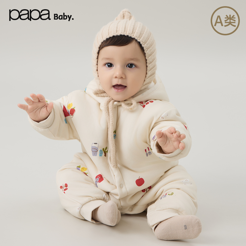 【新品】papa爬爬秋冬季婴儿爬服男女宝宝戴帽保暖夹棉连体衣棉服