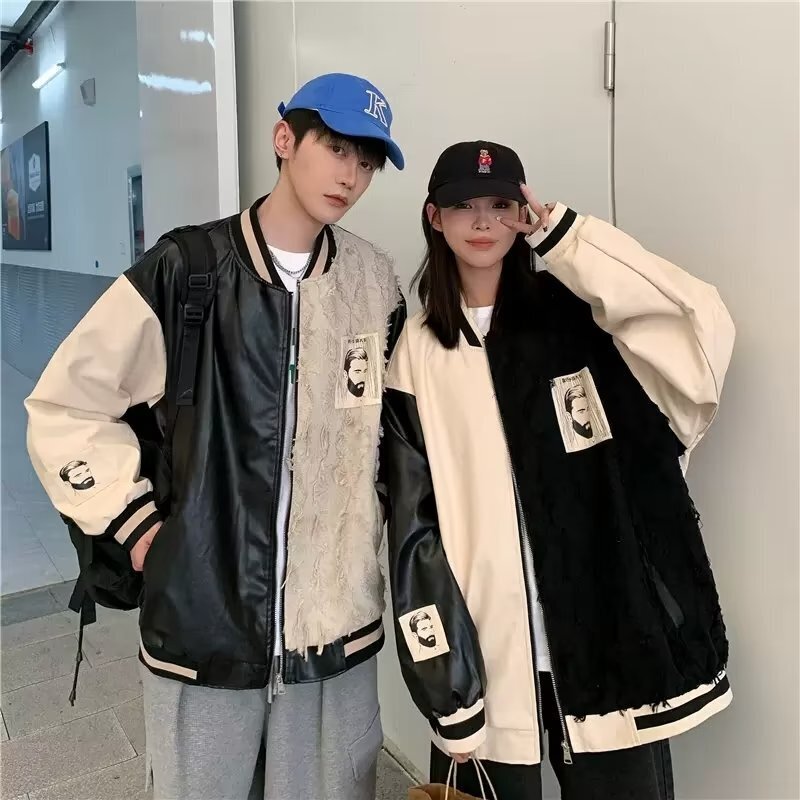 8522春秋季高街飞行员棒球服男女外套美式宽松PU皮拼接夹克潮
