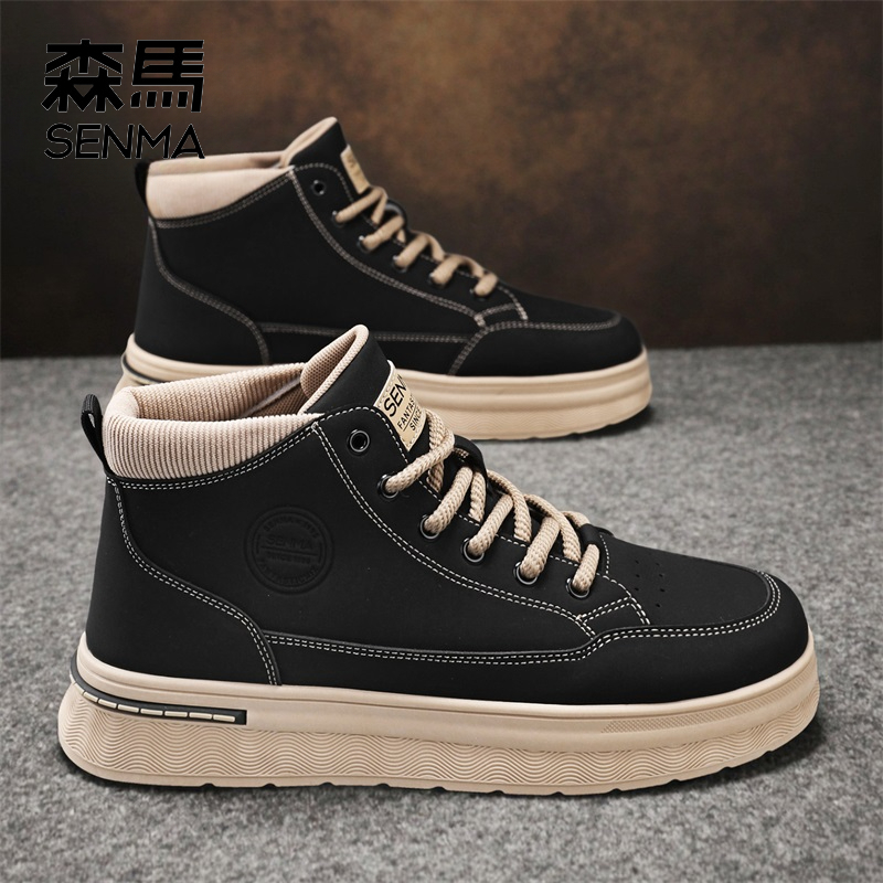 森马马丁靴男秋季高帮英伦复古休闲板鞋防滑运动厚底增高工装靴子