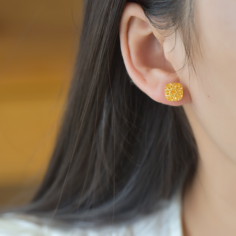 足银耳饰 足银方糖四叶草耳钉气质复古古法女款小众精美耳饰