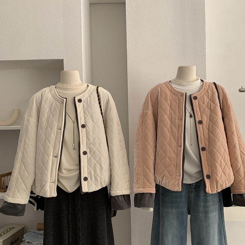 欧玛莱菱格拼接撞色圆领单排扣棉服女秋冬韩版轻薄棉衣外套5893