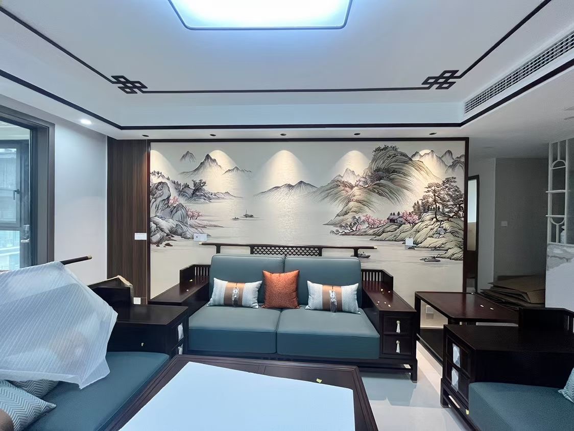 独绣山水沙发电视背景墙新中式客厅卧室玄关壁纸墙十里山河可定制