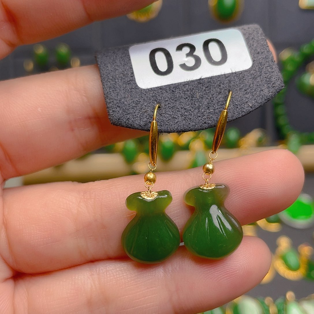 和田玉18K金镶嵌耳饰030