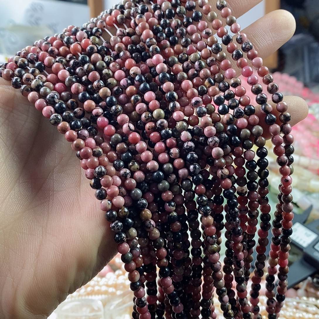 玛瑙/玉髓珠宝半成品合金一条天然4mm黑线蔷薇石圆珠