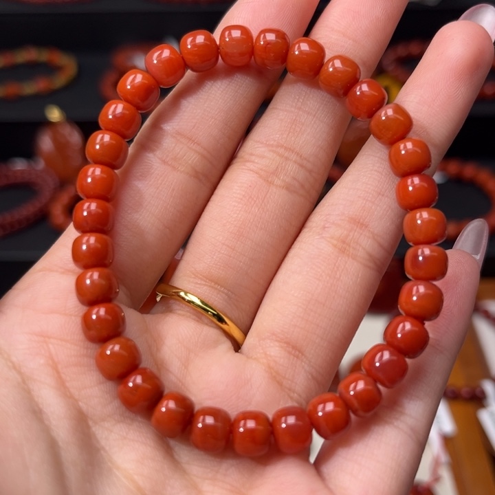 南红玛瑙未镶嵌手链满肉柿子红6.5mm老型手串