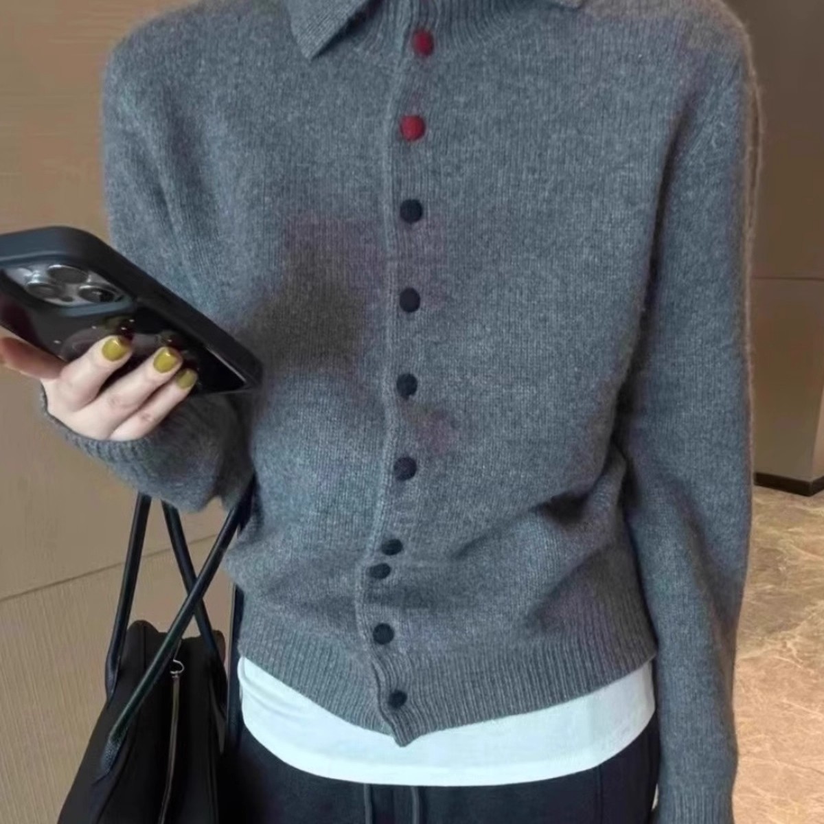 复古灰色高领毛衣开衫女秋冬彩扣单排扣设计感翻领毛衣针织上衣