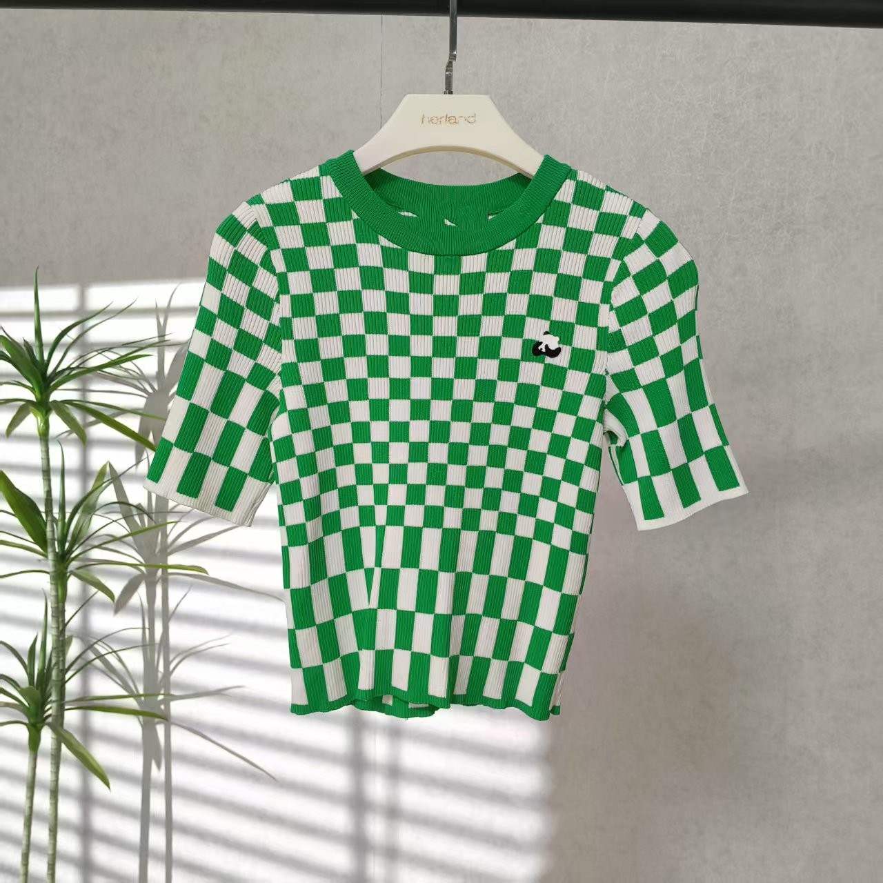 LI丽系列  Z147  女装春夏短袖棋盘格针织上衣绿色TK3203161