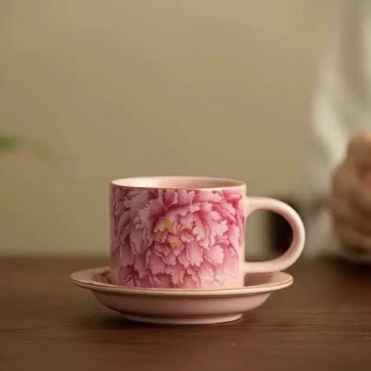 龙窑茶器   粉汝窑牡丹咖啡杯--------------4344(直播）