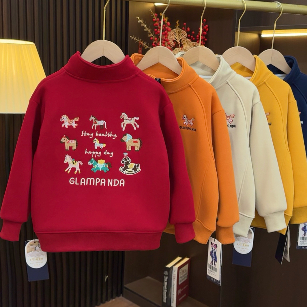 蚕丝羊毛拜年服儿童冬季新款卫衣男童时尚刺绣本命年红卫衣3040