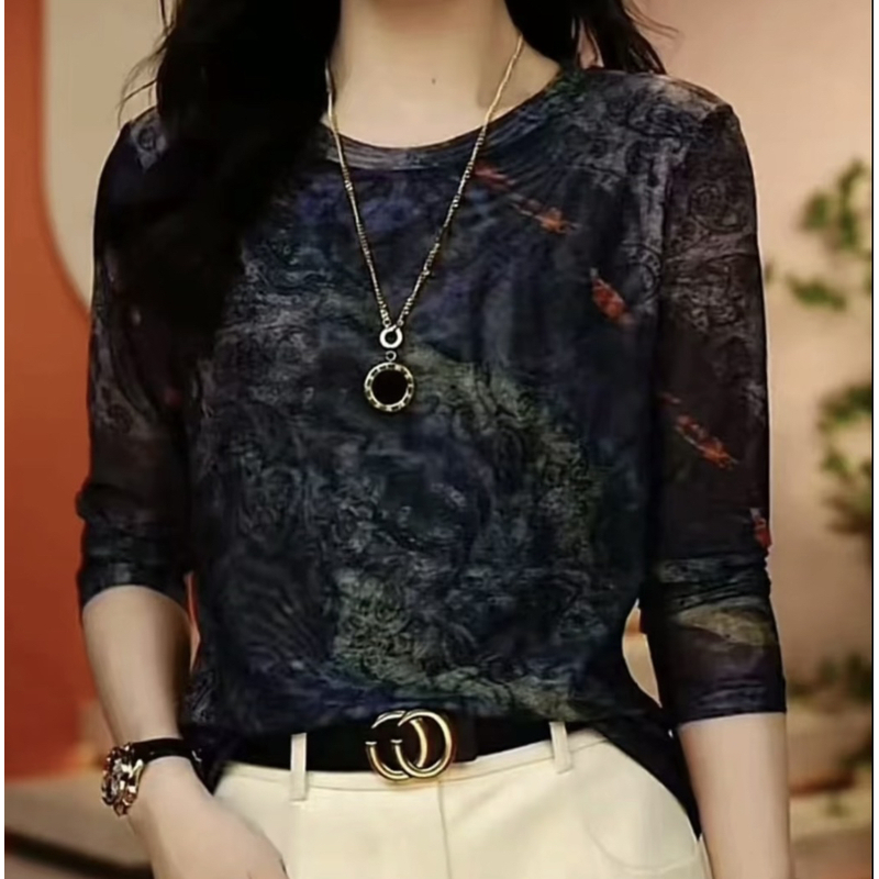 深蓝星空圆领长袖时尚高档百搭气质减龄洋气显瘦休闲C2167