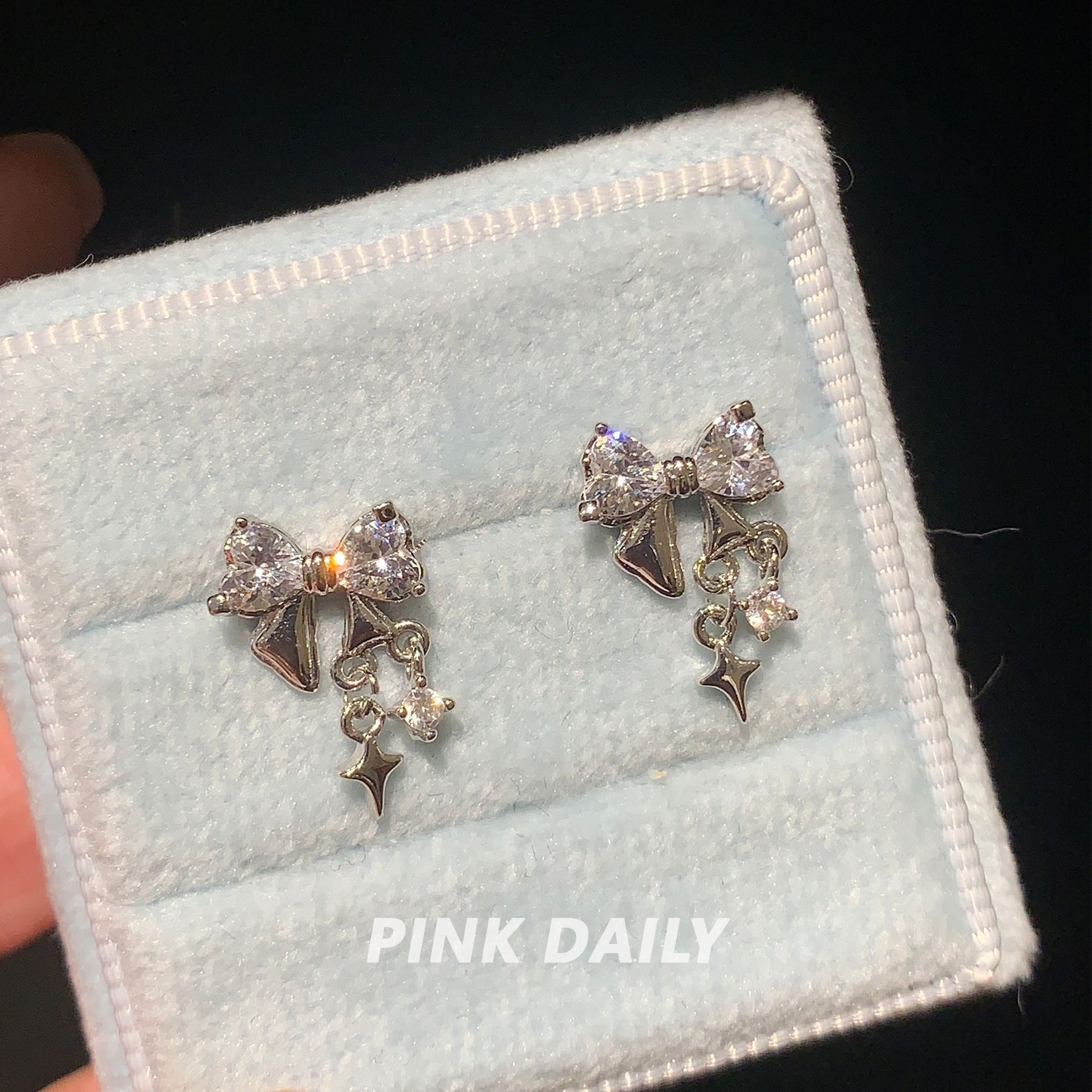 钛钢锆石耳饰 Pink Daily甜美风蝴蝶结芒星吊坠耳骨钉精致气质
