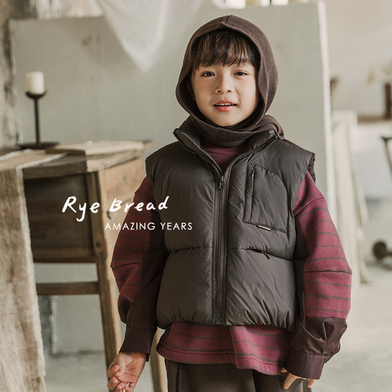 ryebread/黑面包童装 韩系纯色男中大童立领保暖羽绒马甲4冬