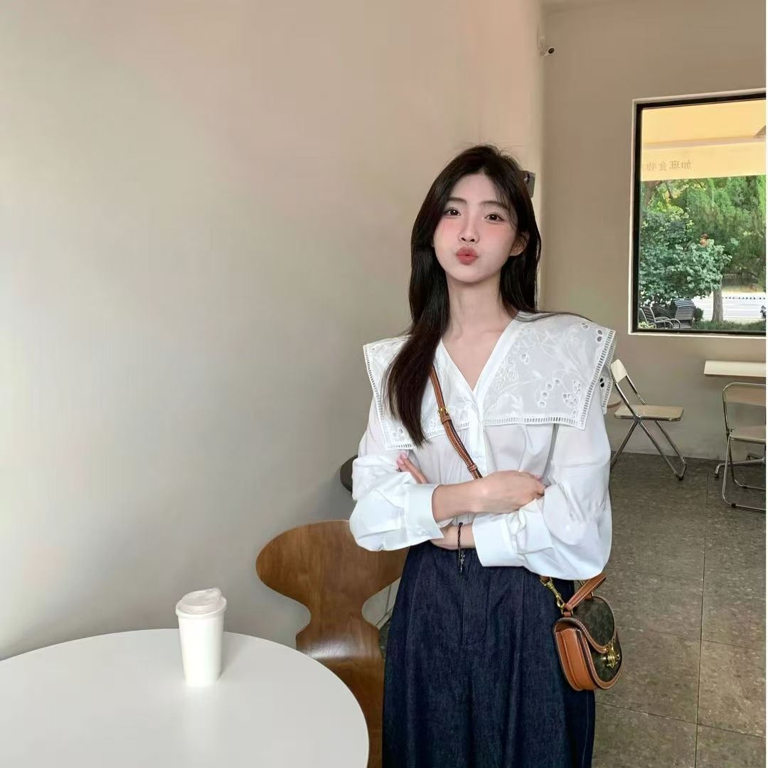 【薇薇专属】v领气质时尚复古长袖法式衬衫蕾丝拼接衬衫白色衬衣
