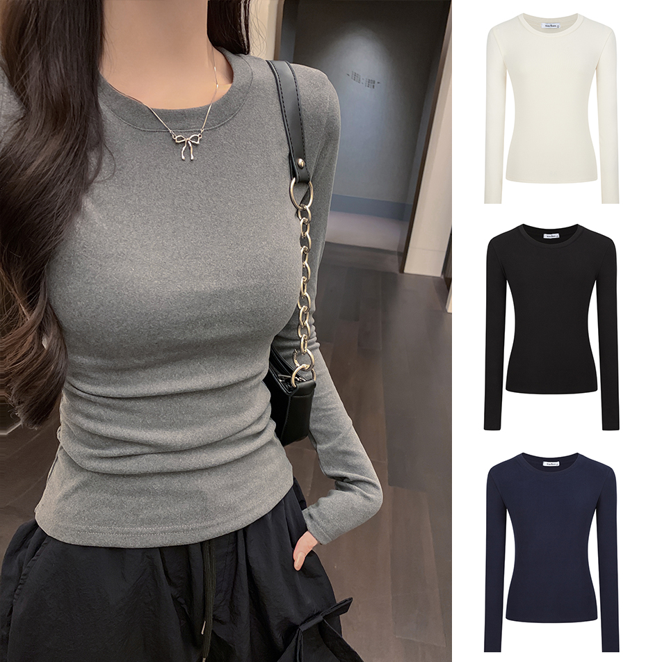 Moses Queen/魔西女王双面磨毛掐腰圆领打底衫女秋冬内搭修身上衣