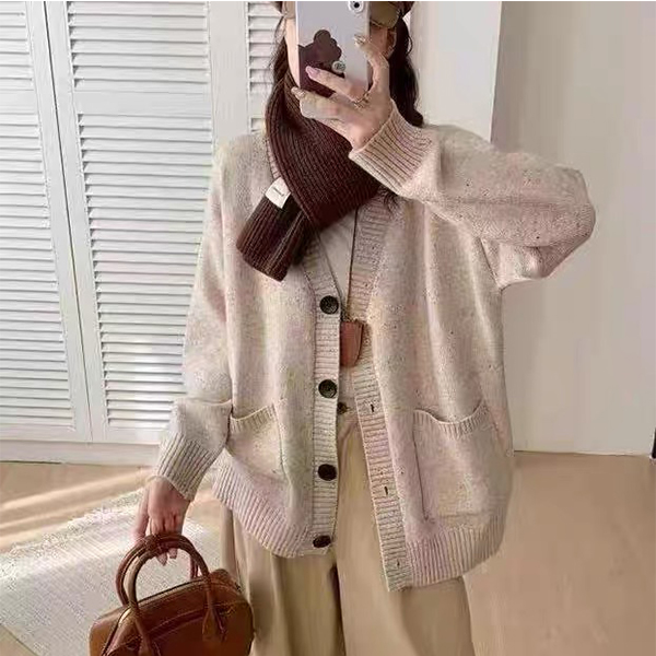 【浣熊绒花纱米杏大纽扣开衫】宽松显瘦休闲时尚百搭圆领套头秋冬